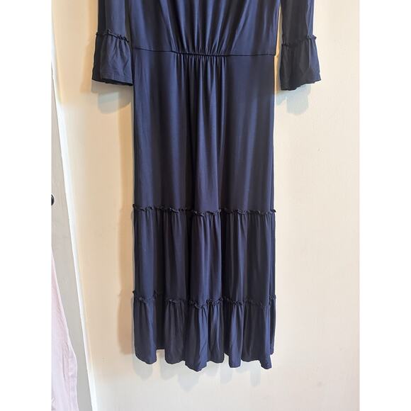 Boden Maxi Dress Size 2 Navy Blue Bell Sleeve V Neck Jersey Knit Tiered Ruffle - Picture 2 of 14